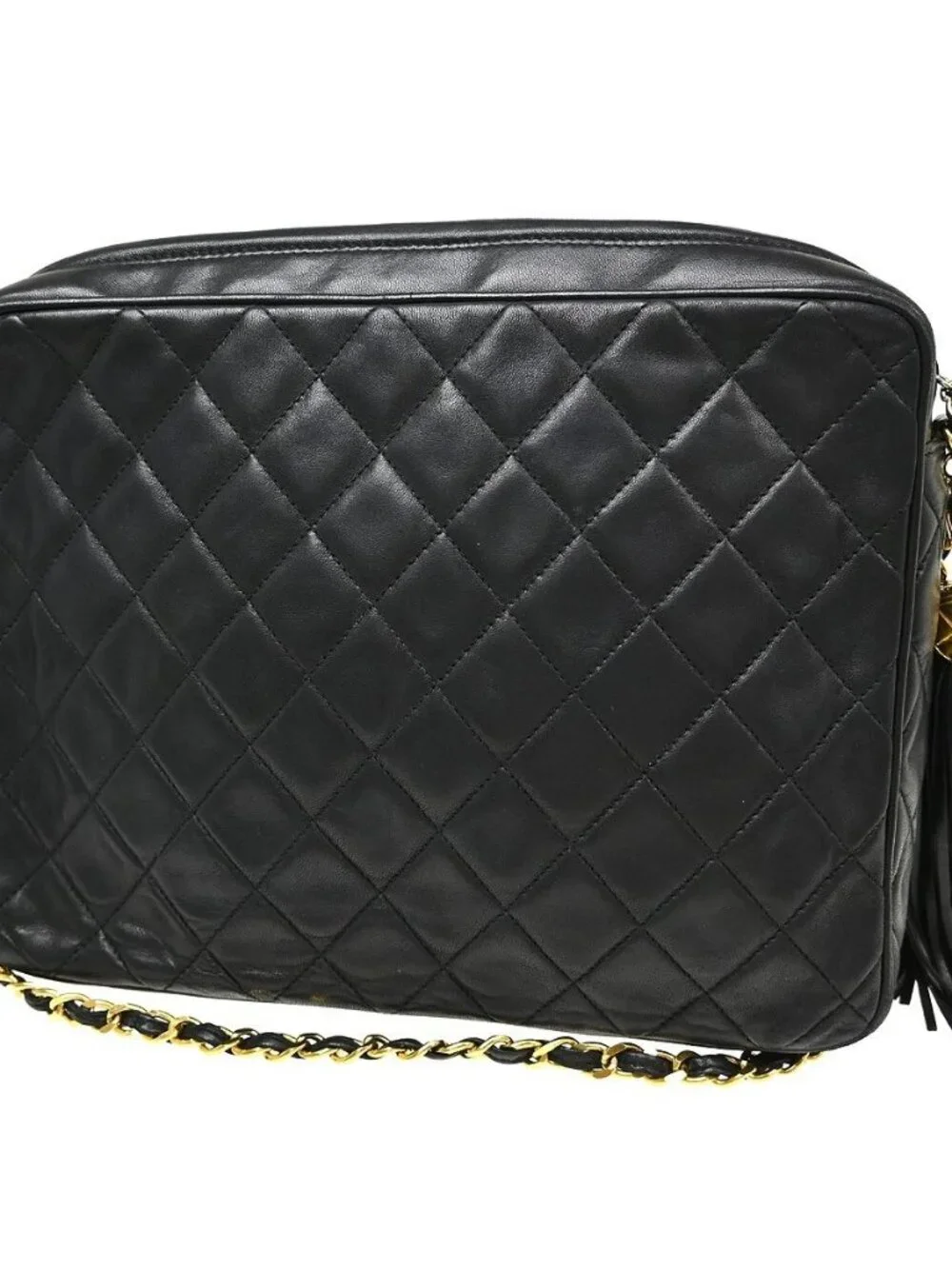 Chanel Black Lambskin Frigne Chain Shoulder Camera Bag